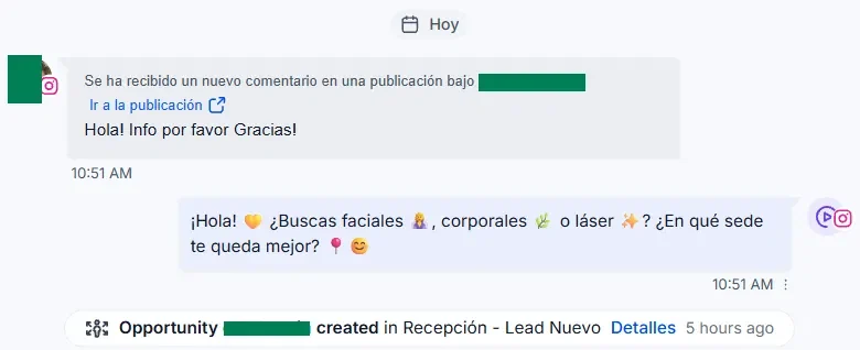 Bandeja: el comentario recibido, el mensaje privado automático preguntando por el tratamiento y la sede, y la consulta nueva