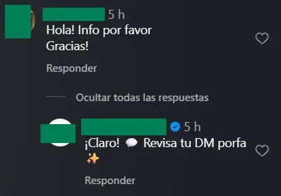 Comentario en Instagram pidiendo información y la respuesta automática que invita a revisar el mensaje privado