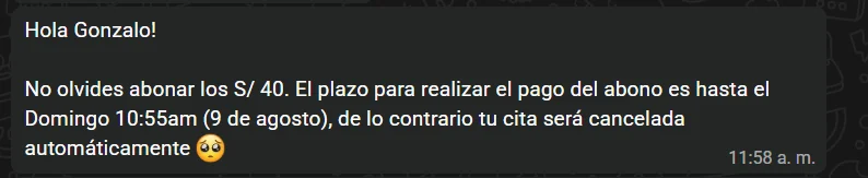 Mensaje de WhatsApp que recuerda el abono pendiente y el plazo antes de que la cita se cancele