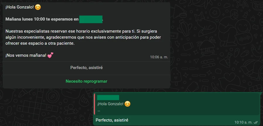 Recordatorio de WhatsApp el día anterior a la cita, con botones para confirmar o reprogramar